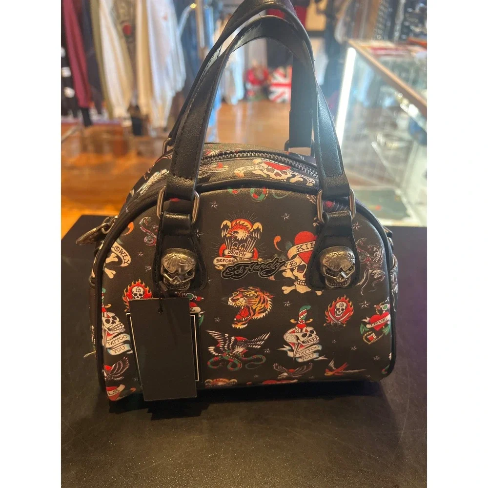 Ed Hardy Tattoo Flash Dome Satchel Bag Black Skull Hardware New NWT